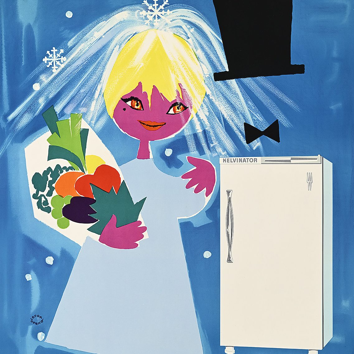 A poster of a cartoon bride next to a refrigerator and a top hat.