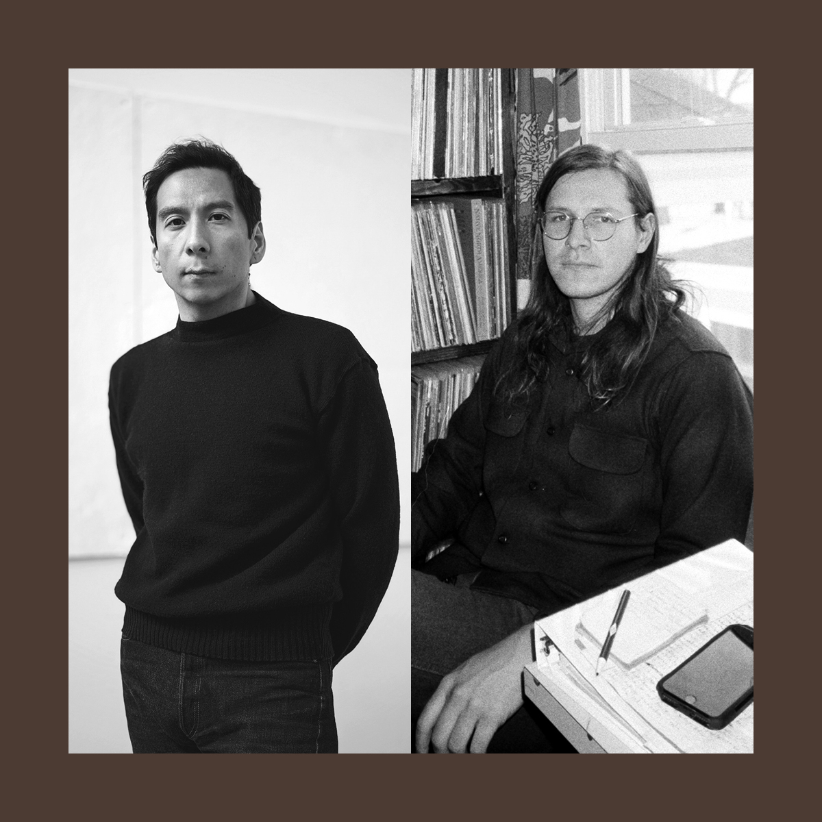 Two portrait photographs of men set against a brown background.