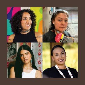 Four portrait photographs of women against a brown background.