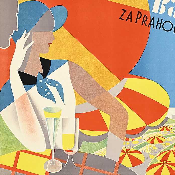 A poster of a woman sitting outdoors under a yellow and red umbrella along a coastline in a geometric style.
