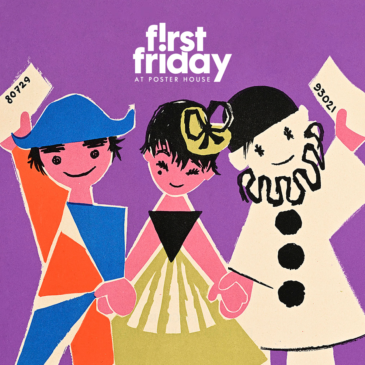 Three cute cartoon characters holding hards against a purple background with the First Friday lockup above them.