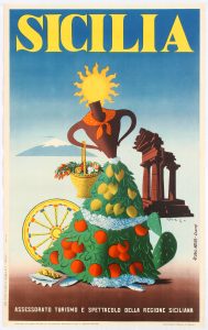 A vintage poster for Sicilia shows an anthropomorphized clay post in front of ancient ruins. The pot wears a neck scarf and a skirt made of greenery and fruit. The sun is its head.