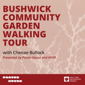 A graphic advertising an event with large red block letters against light brown silhouettes of tree branches.