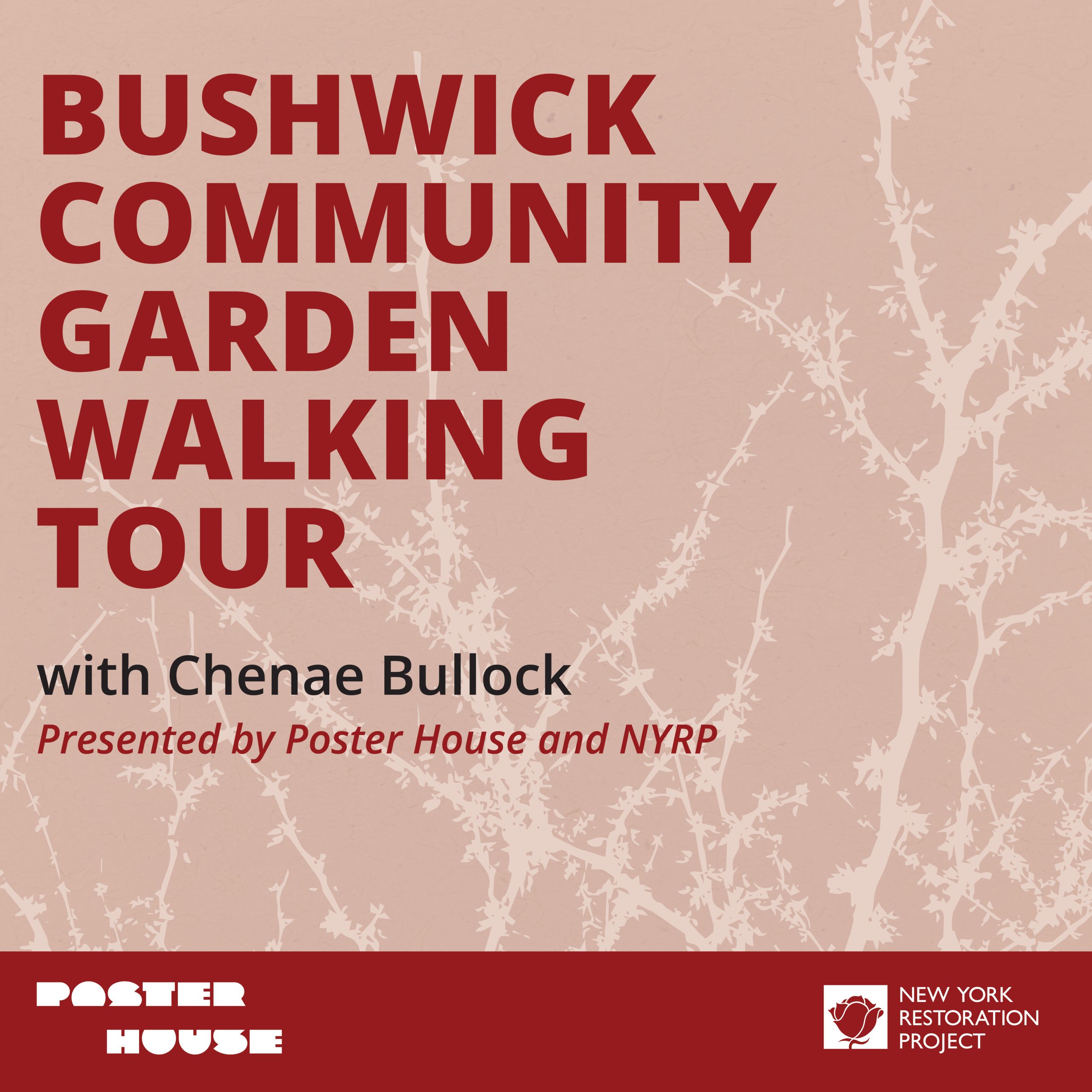A graphic advertising an event with large red block letters against light brown silhouettes of tree branches.