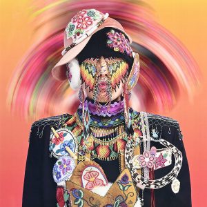A hyperrealistic, colorful portrait of a person wearing several beaded garments in front of a yellow and pink gradient background.
