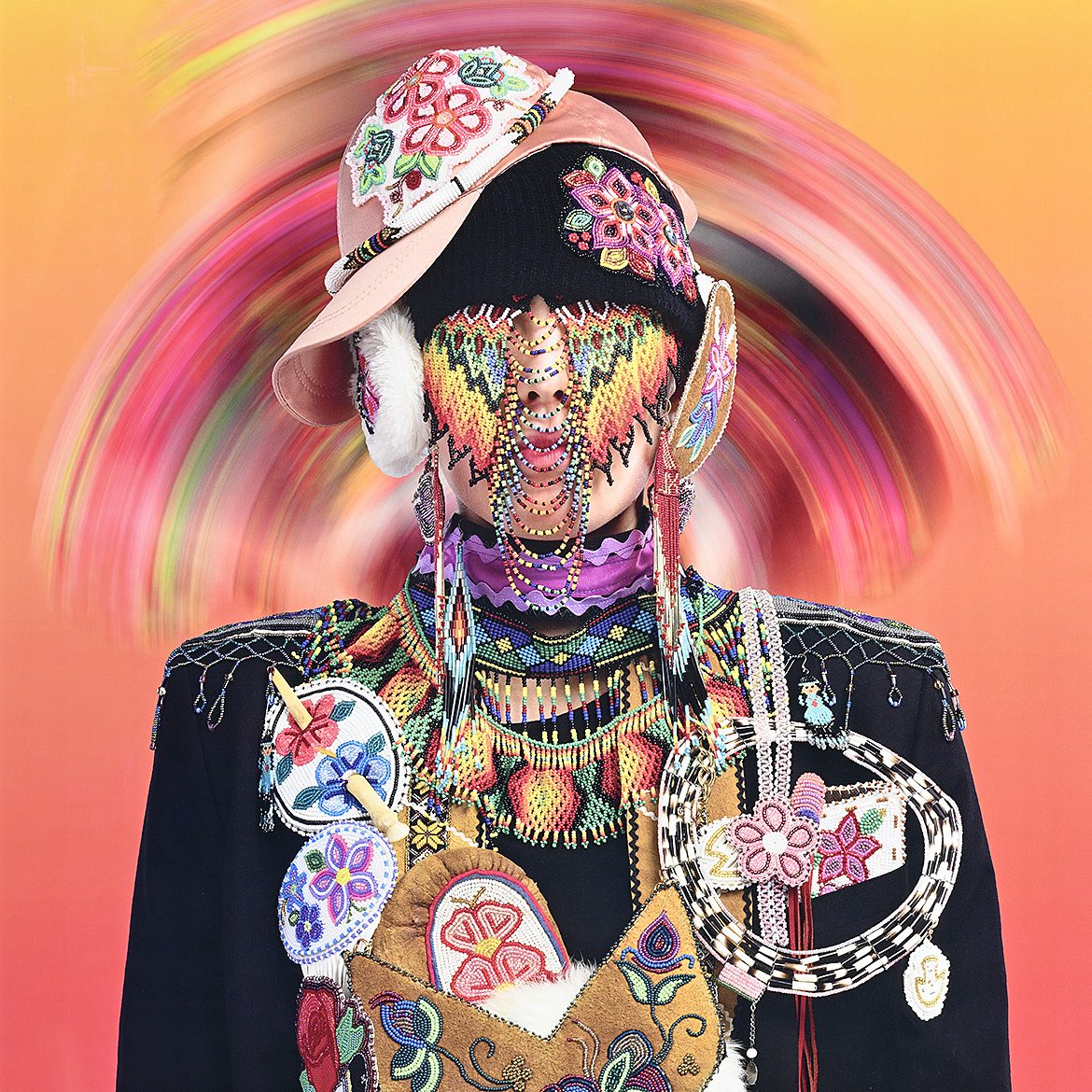 A hyperrealistic, colorful portrait of a person wearing several beaded garments in front of a yellow and pink gradient background.
