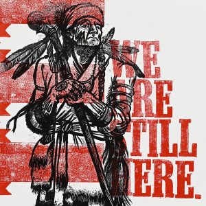 A poster of a Native American figure with a staff and feathers surrounded by red patterns and text.