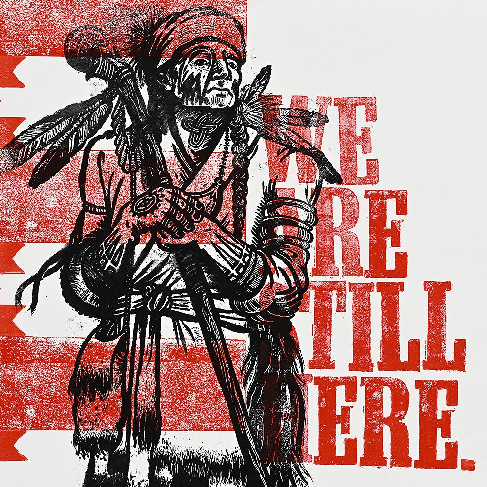 A poster of a Native American figure with a staff and feathers surrounded by red patterns and text.