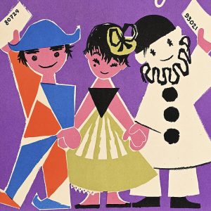 A poster of three cartoon figures holding hands on a purple background.
