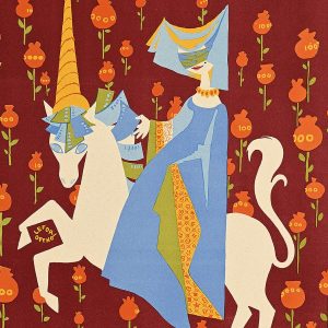 A poster in the style of a medieval tapestry of a cartoon woman riding a white horse.