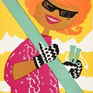 A poster of a cartoon woman holding skis.