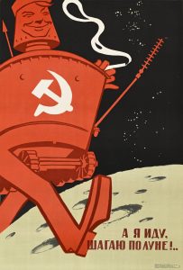 Poster of a red rover walking on the moon and smoking.