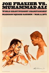 A poster depicting two boxers, with text reading Joe Frazier vs Muhammad Ali
