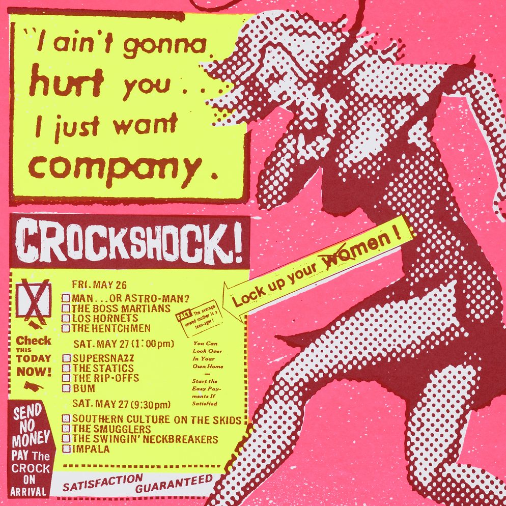 A poster of a woman cracking a whip and wearing a red dress printed in half tone against a bright pink background.