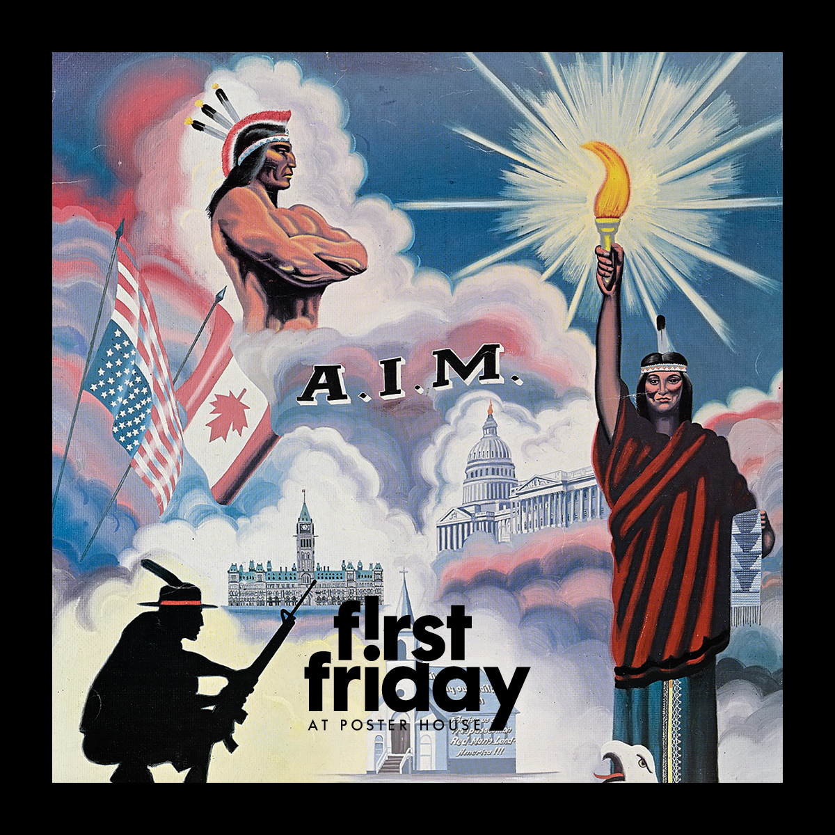 A poster with a painting of combined images of Native Americans, buildings, and flags in clouds.