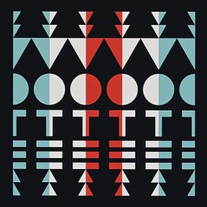 A poster of abstract and geometric shapes arranged in a vertical pattern in red, white, and teal.
