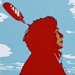 A poster shows an Indigenous man printed in red against a sky-blue background. The man wears a feather at the crown of his head and is rendered in profile.